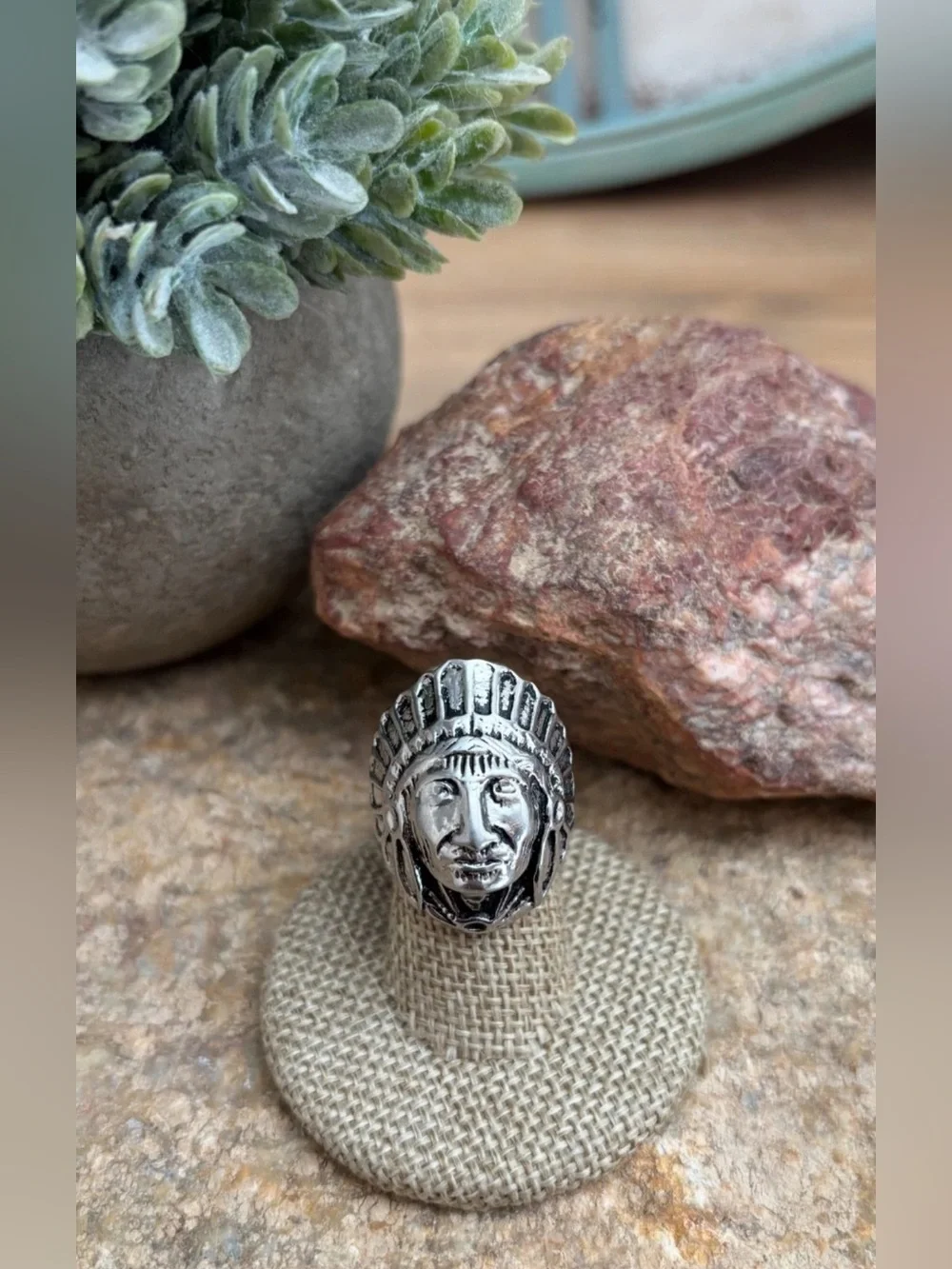 Tribal Indian Head Silver Stainless Steel ring size 10.5 NEW